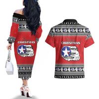 Tuskegee Red Tails Airmen Christmas Couples Matching Off The Shoulder Long Sleeve Dress and Hawaiian Shirt P-51 Mustang 332nd Fighter Group - Wonder Print Shop