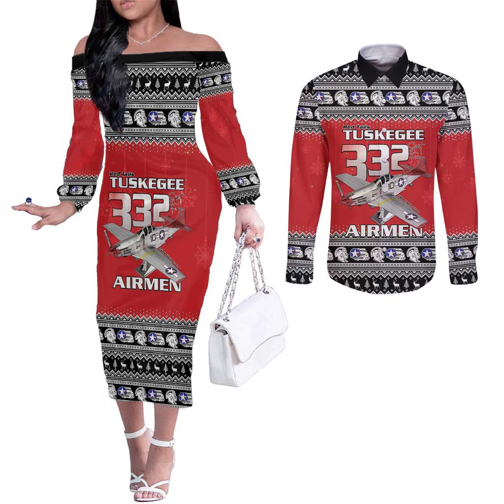 Tuskegee Red Tails Airmen Christmas Couples Matching Off The Shoulder Long Sleeve Dress and Long Sleeve Button Shirt P-51 Mustang 332nd Fighter Group - Wonder Print Shop
