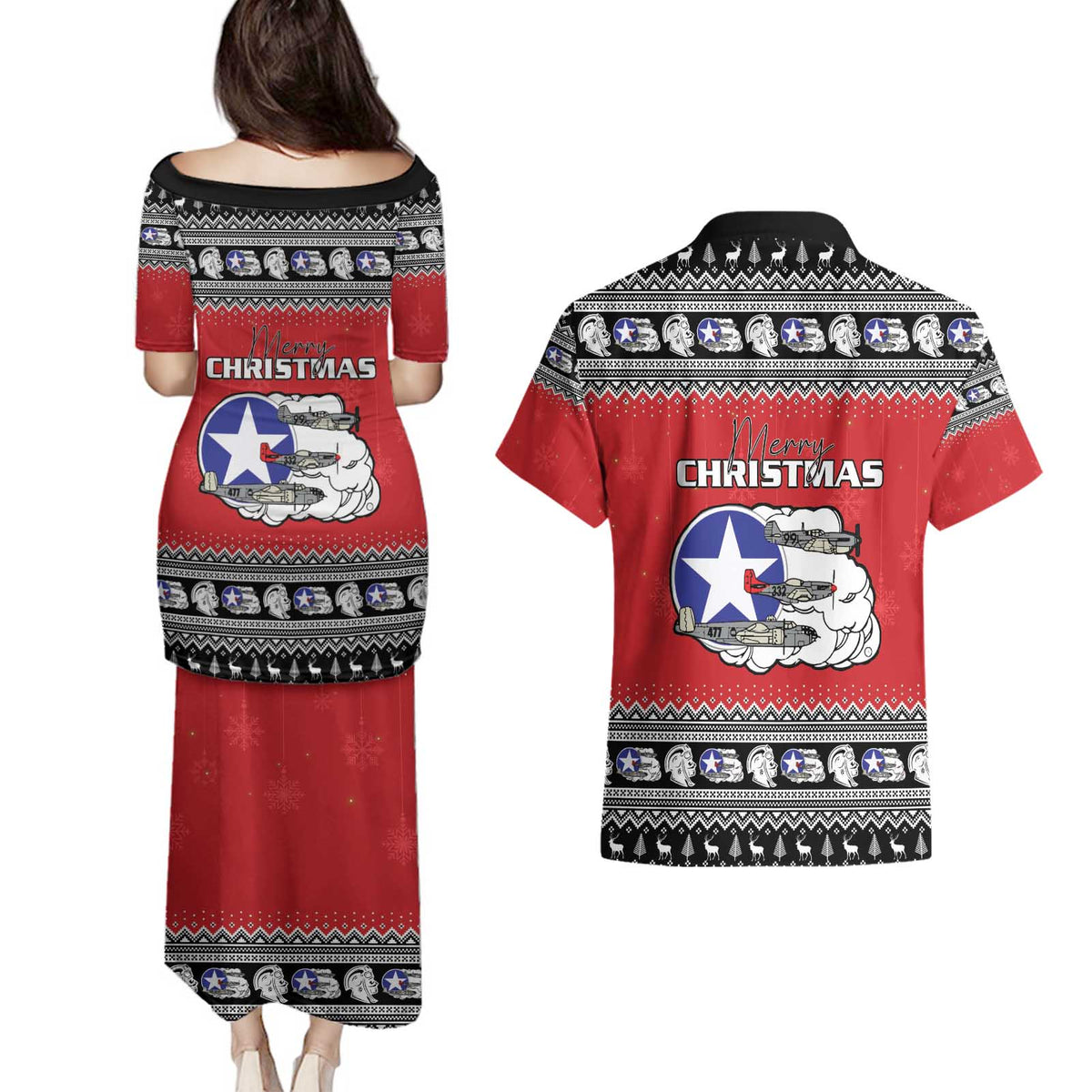 Tuskegee Red Tails Airmen Christmas Couples Matching Puletasi and Hawaiian Shirt P-51 Mustang 332nd Fighter Group - Wonder Print Shop