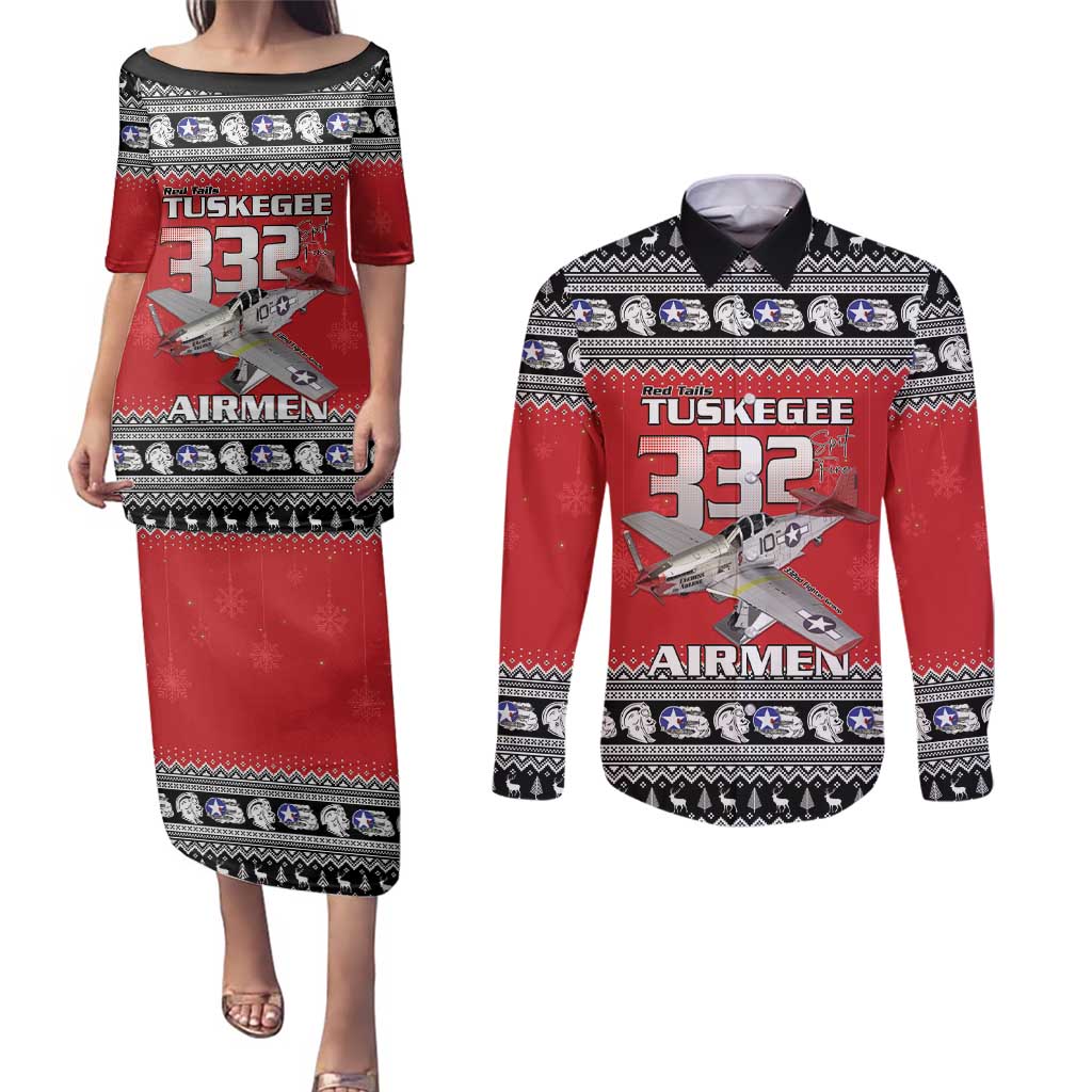Tuskegee Red Tails Airmen Christmas Couples Matching Puletasi and Long Sleeve Button Shirt P-51 Mustang 332nd Fighter Group - Wonder Print Shop