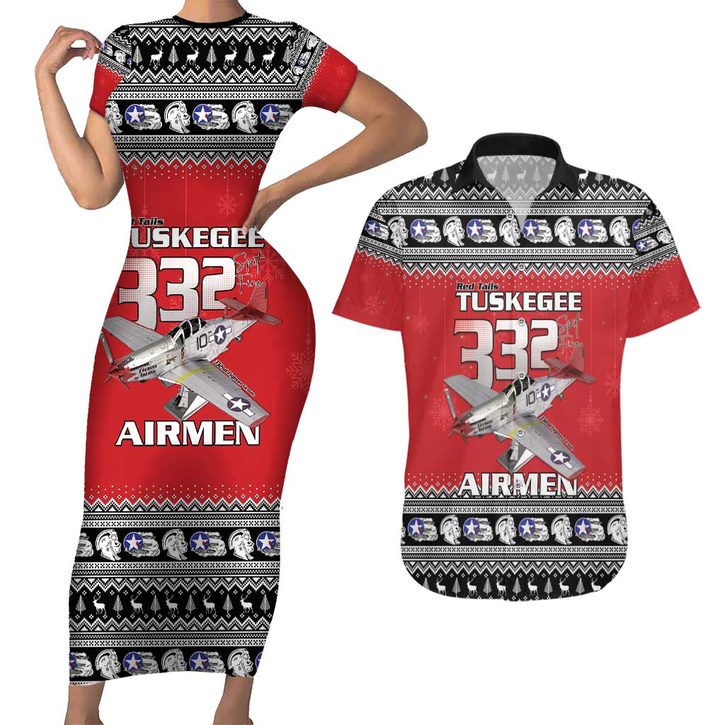Tuskegee Red Tails Airmen Christmas Couples Matching Short Sleeve Bodycon Dress and Hawaiian Shirt P-51 Mustang 332nd Fighter Group - Wonder Print Shop