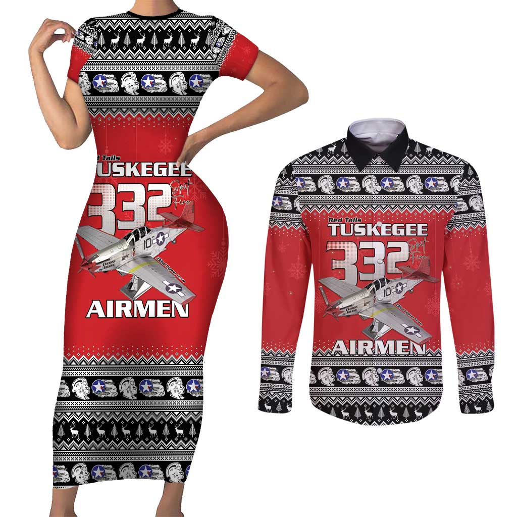 Tuskegee Red Tails Airmen Christmas Couples Matching Short Sleeve Bodycon Dress and Long Sleeve Button Shirt P-51 Mustang 332nd Fighter Group - Wonder Print Shop