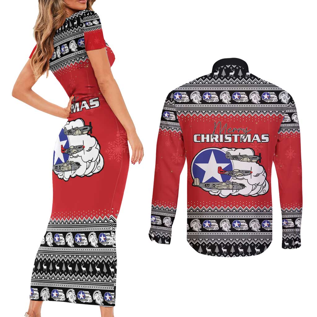 Tuskegee Red Tails Airmen Christmas Couples Matching Short Sleeve Bodycon Dress and Long Sleeve Button Shirt P-51 Mustang 332nd Fighter Group - Wonder Print Shop