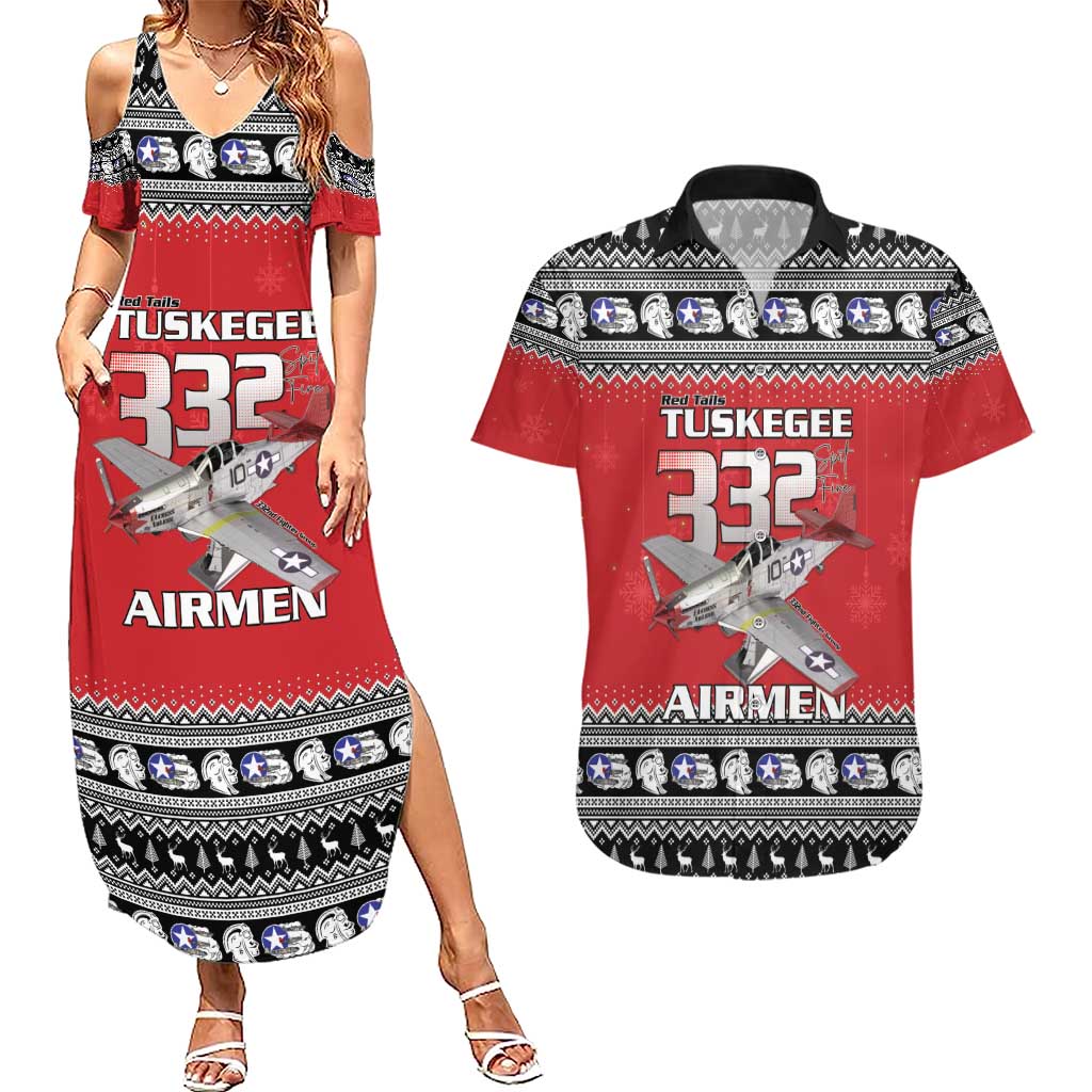 Tuskegee Red Tails Airmen Christmas Couples Matching Summer Maxi Dress and Hawaiian Shirt P-51 Mustang 332nd Fighter Group - Wonder Print Shop