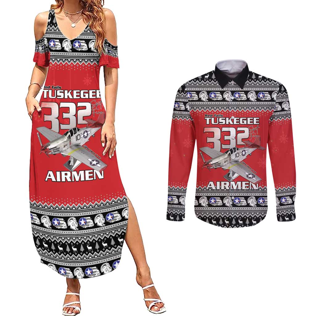 Tuskegee Red Tails Airmen Christmas Couples Matching Summer Maxi Dress and Long Sleeve Button Shirt P-51 Mustang 332nd Fighter Group - Wonder Print Shop