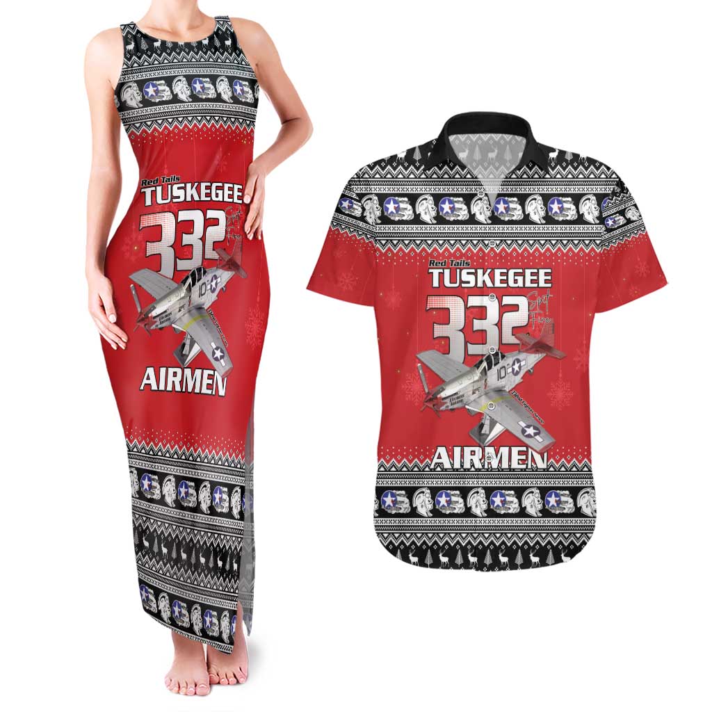 Tuskegee Red Tails Airmen Christmas Couples Matching Tank Maxi Dress and Hawaiian Shirt P-51 Mustang 332nd Fighter Group - Wonder Print Shop