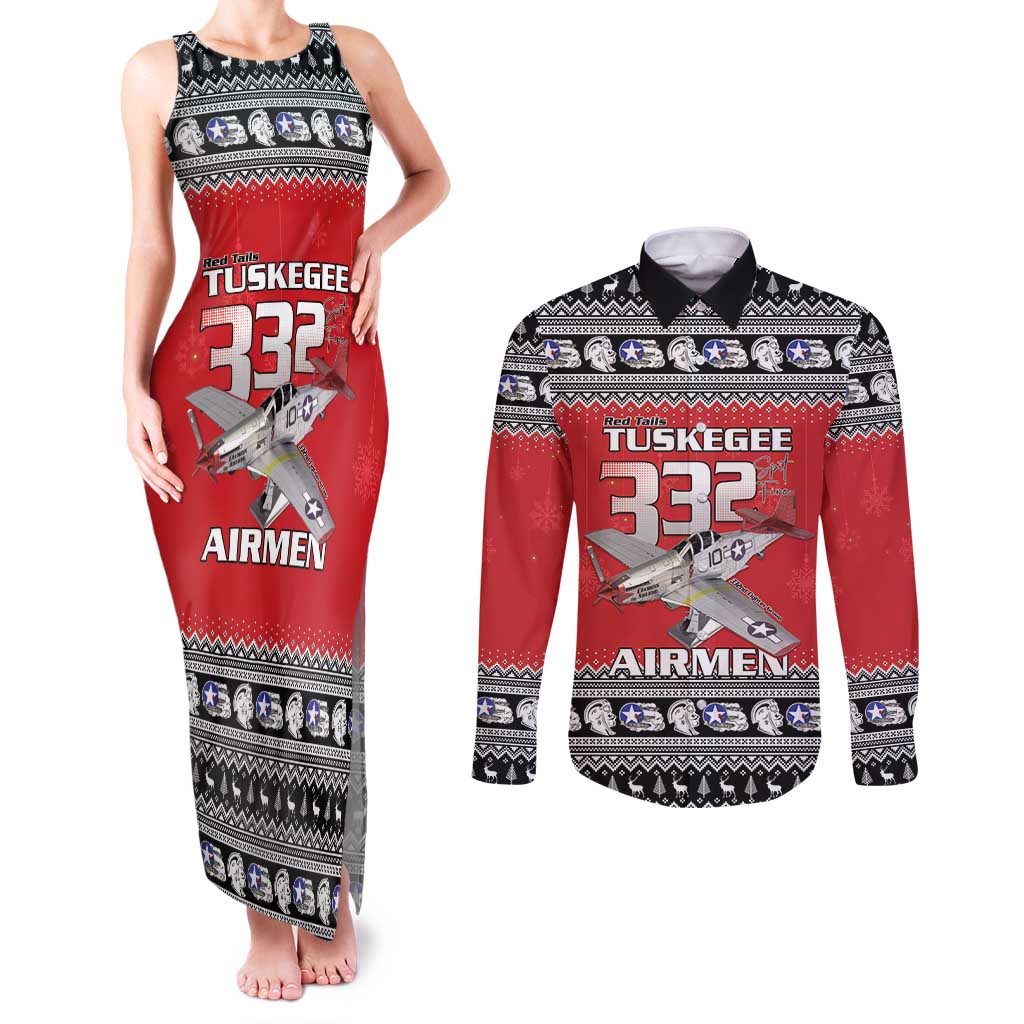 Tuskegee Red Tails Airmen Christmas Couples Matching Tank Maxi Dress and Long Sleeve Button Shirt P-51 Mustang 332nd Fighter Group - Wonder Print Shop