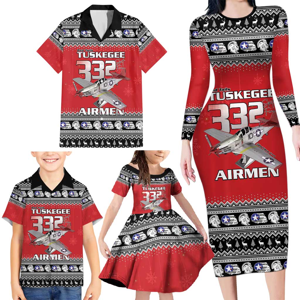 Tuskegee Red Tails Airmen Christmas Family Matching Long Sleeve Bodycon Dress and Hawaiian Shirt P-51 Mustang 332nd Fighter Group - Wonder Print Shop