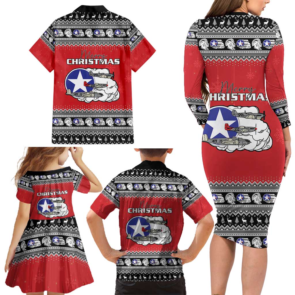 Tuskegee Red Tails Airmen Christmas Family Matching Long Sleeve Bodycon Dress and Hawaiian Shirt P-51 Mustang 332nd Fighter Group - Wonder Print Shop