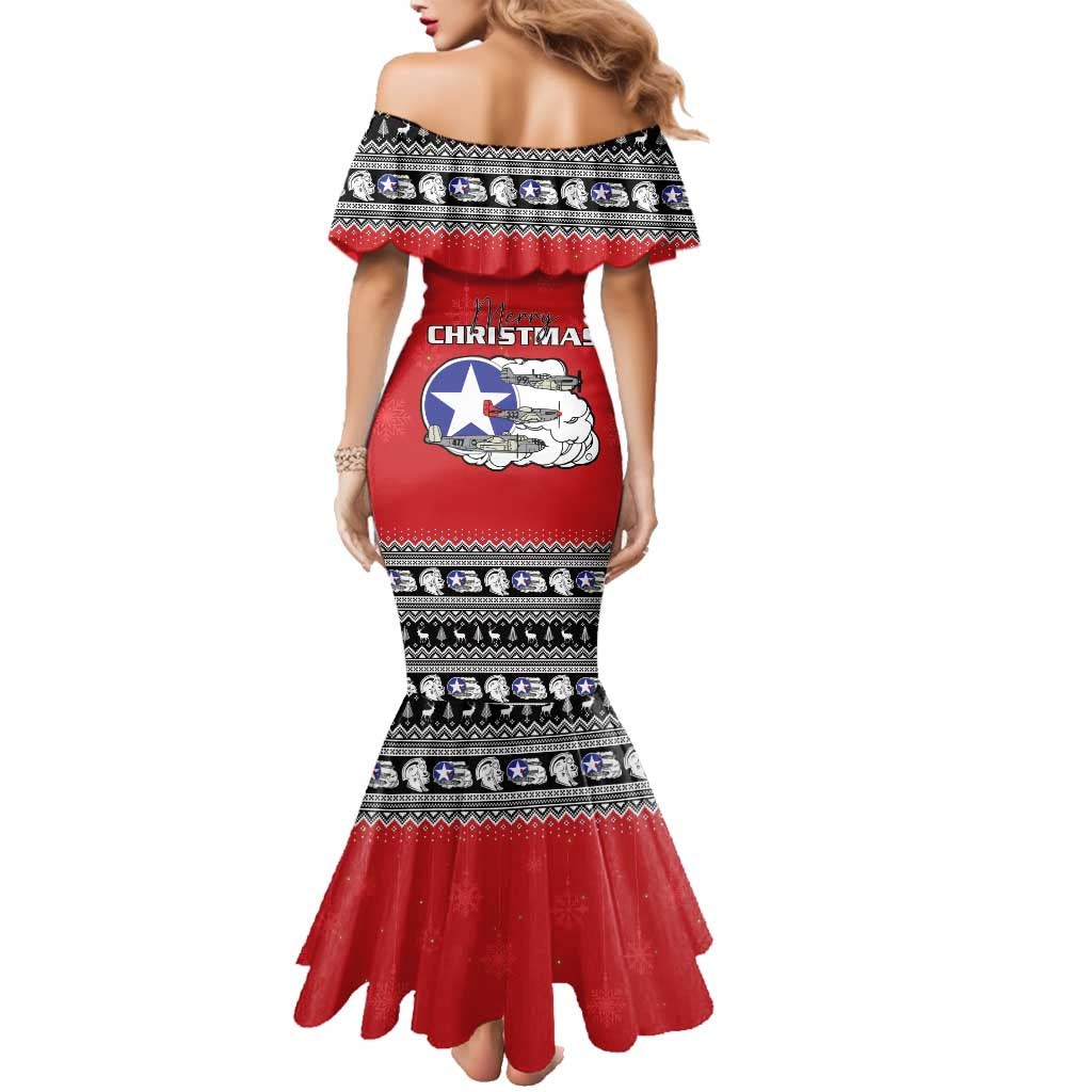 Tuskegee Red Tails Airmen Christmas Family Matching Mermaid Dress and Hawaiian Shirt P-51 Mustang 332nd Fighter Group - Wonder Print Shop
