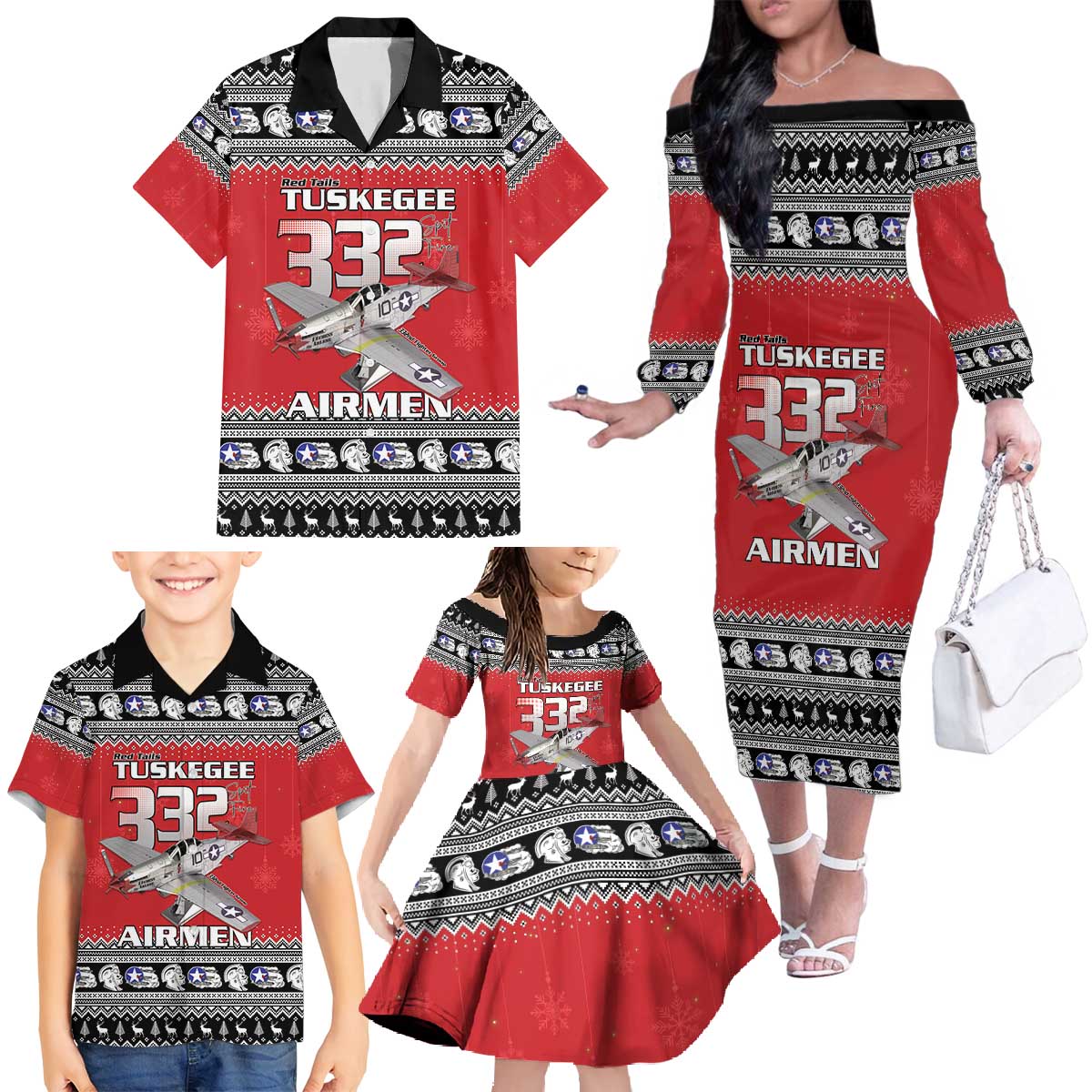 Tuskegee Red Tails Airmen Christmas Family Matching Off The Shoulder Long Sleeve Dress and Hawaiian Shirt P-51 Mustang 332nd Fighter Group - Wonder Print Shop