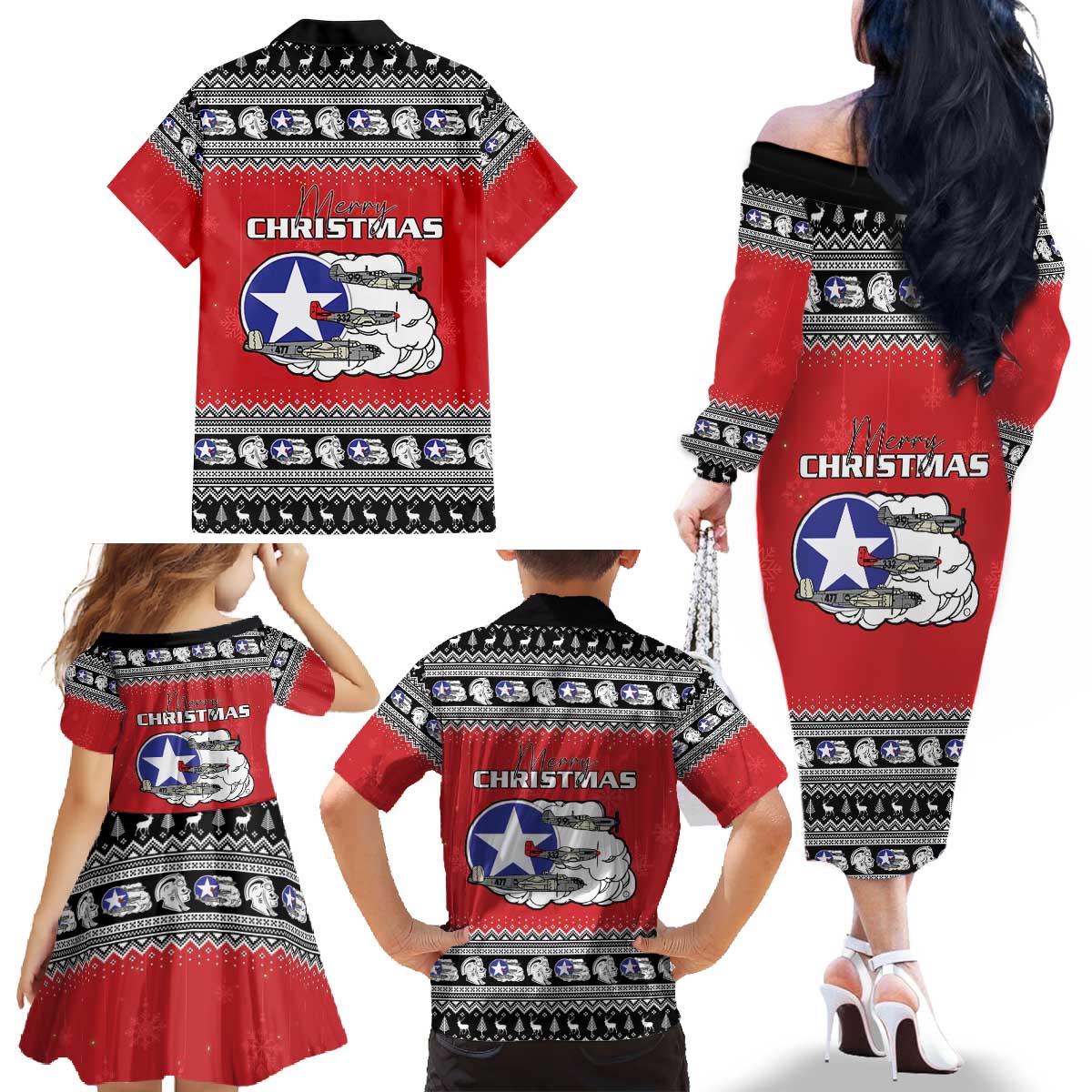 Tuskegee Red Tails Airmen Christmas Family Matching Off The Shoulder Long Sleeve Dress and Hawaiian Shirt P-51 Mustang 332nd Fighter Group - Wonder Print Shop