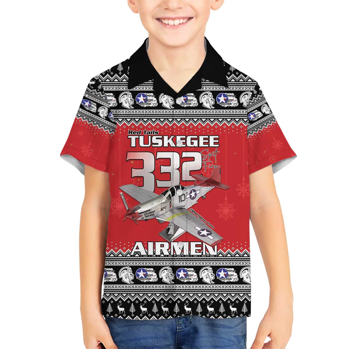 Tuskegee Red Tails Airmen Christmas Family Matching Off The Shoulder Long Sleeve Dress and Hawaiian Shirt P-51 Mustang 332nd Fighter Group - Wonder Print Shop