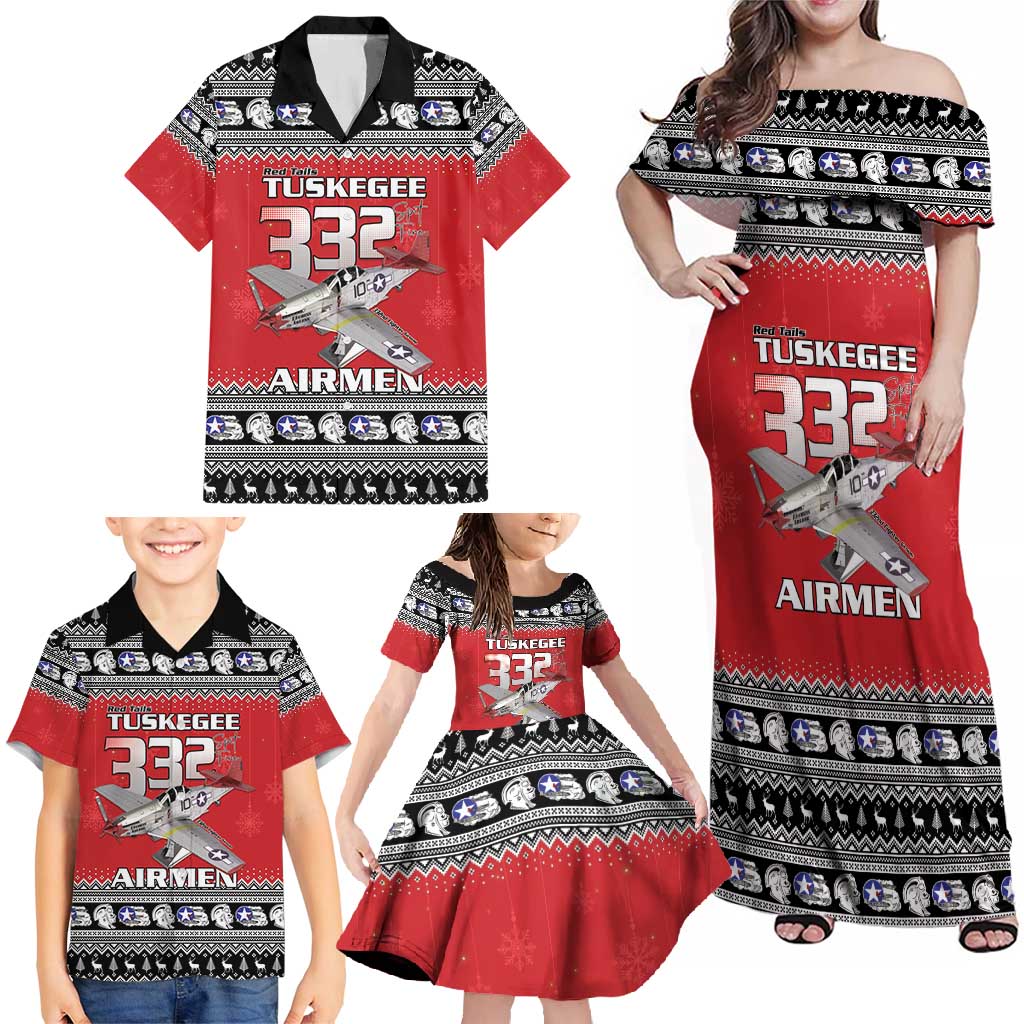 Tuskegee Red Tails Airmen Christmas Family Matching Off Shoulder Maxi Dress and Hawaiian Shirt P-51 Mustang 332nd Fighter Group - Wonder Print Shop