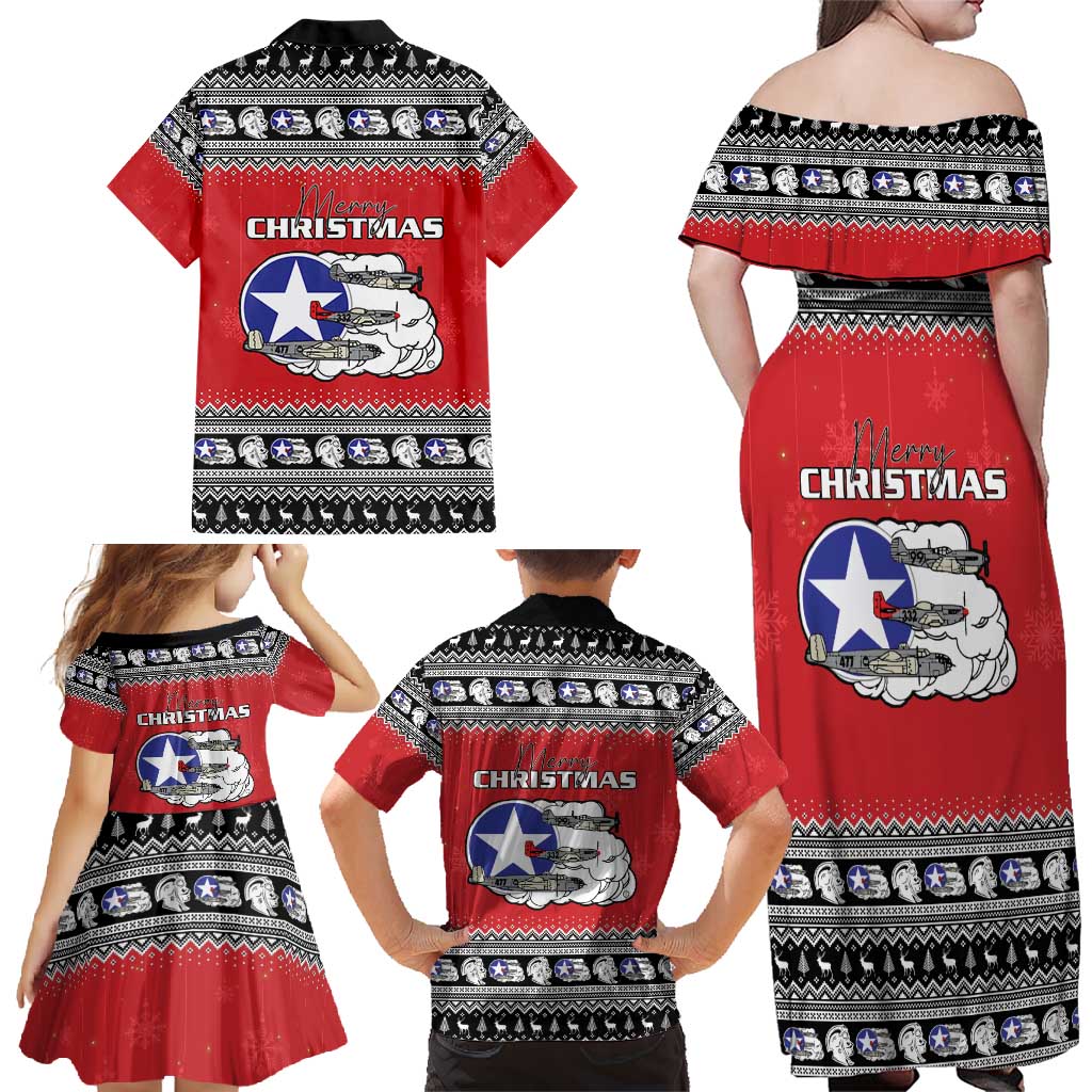 Tuskegee Red Tails Airmen Christmas Family Matching Off Shoulder Maxi Dress and Hawaiian Shirt P-51 Mustang 332nd Fighter Group - Wonder Print Shop