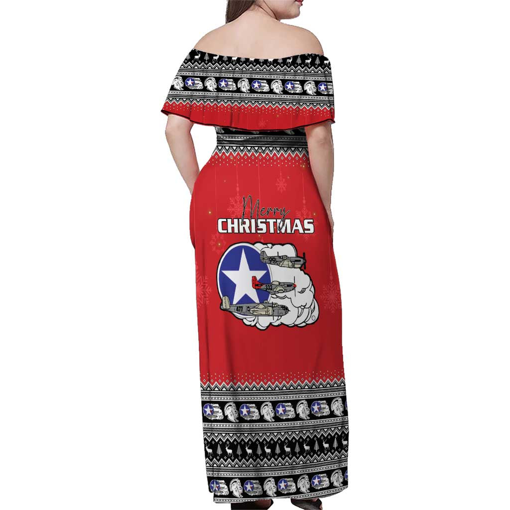 Tuskegee Red Tails Airmen Christmas Family Matching Off Shoulder Maxi Dress and Hawaiian Shirt P-51 Mustang 332nd Fighter Group - Wonder Print Shop