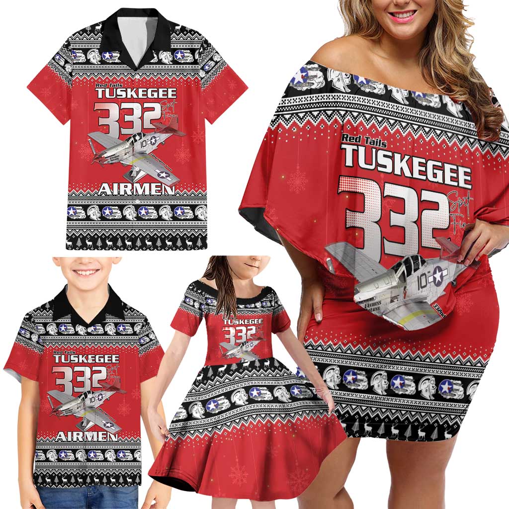 Tuskegee Red Tails Airmen Christmas Family Matching Off Shoulder Short Dress and Hawaiian Shirt P-51 Mustang 332nd Fighter Group - Wonder Print Shop