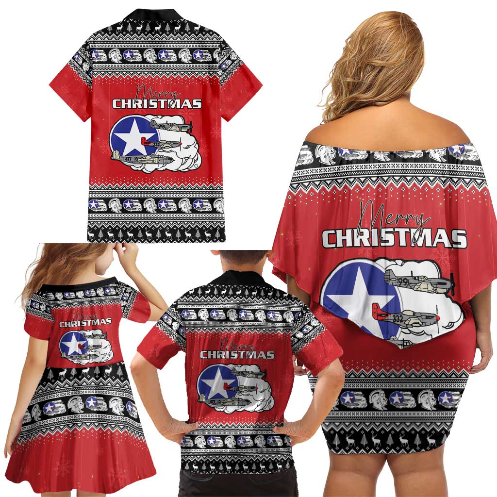 Tuskegee Red Tails Airmen Christmas Family Matching Off Shoulder Short Dress and Hawaiian Shirt P-51 Mustang 332nd Fighter Group - Wonder Print Shop