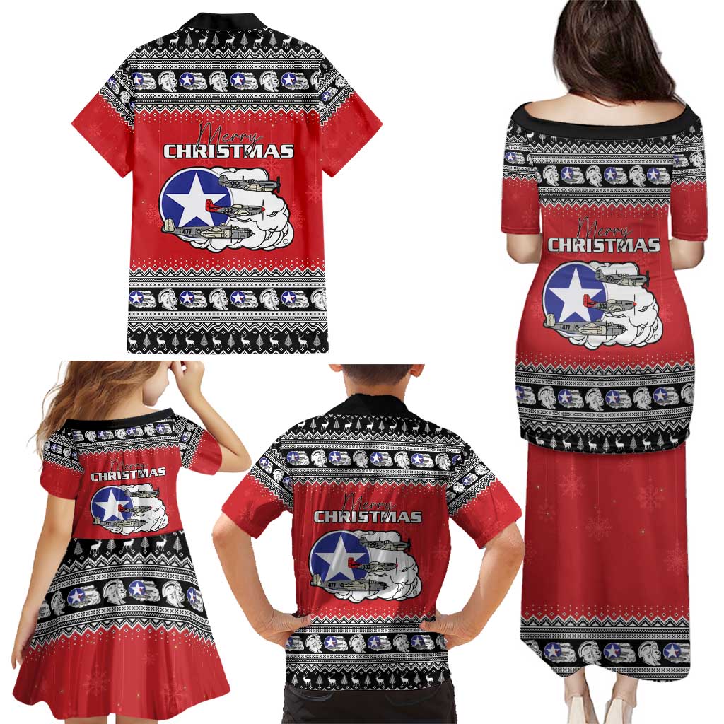 Tuskegee Red Tails Airmen Christmas Family Matching Puletasi and Hawaiian Shirt P-51 Mustang 332nd Fighter Group - Wonder Print Shop