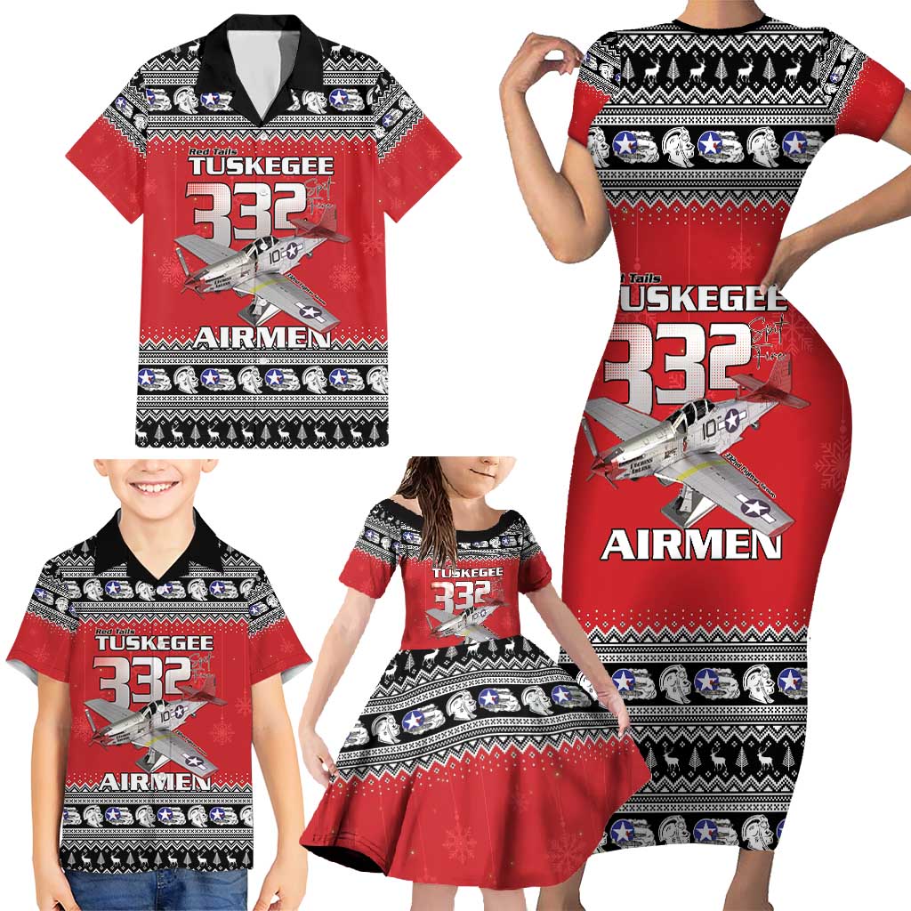 Tuskegee Red Tails Airmen Christmas Family Matching Short Sleeve Bodycon Dress and Hawaiian Shirt P-51 Mustang 332nd Fighter Group - Wonder Print Shop