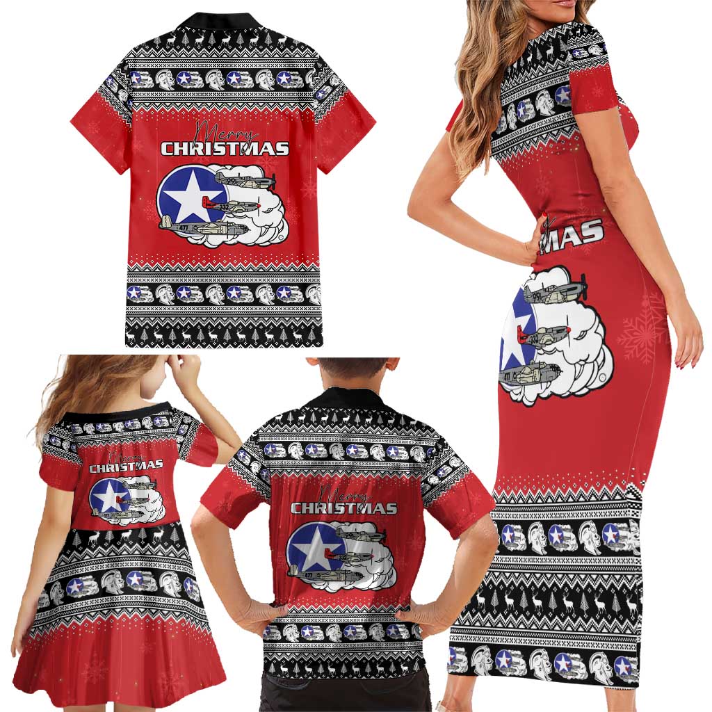 Tuskegee Red Tails Airmen Christmas Family Matching Short Sleeve Bodycon Dress and Hawaiian Shirt P-51 Mustang 332nd Fighter Group - Wonder Print Shop