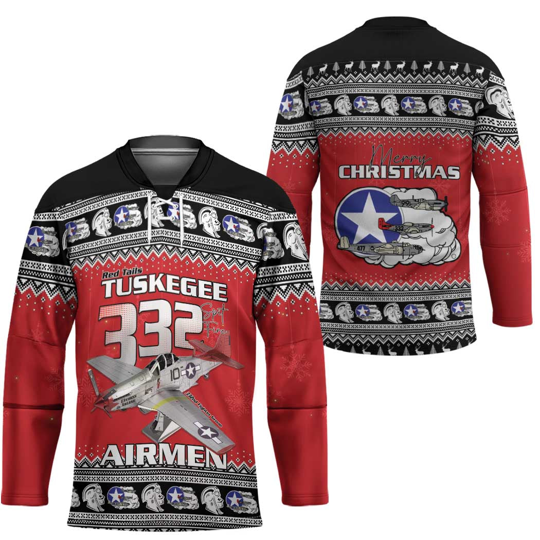 Tuskegee Red Tails Airmen Christmas Hockey Jersey P-51 Mustang 332nd Fighter Group LT15