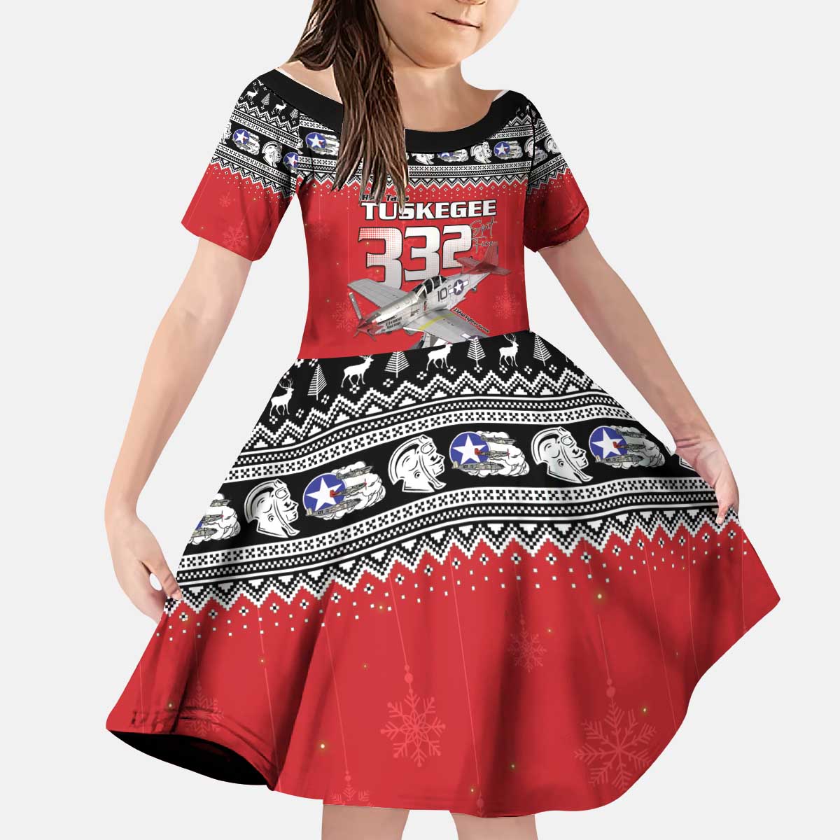 Tuskegee Red Tails Airmen Christmas Kid Short Sleeve Dress P-51 Mustang 332nd Fighter Group - Wonder Print Shop