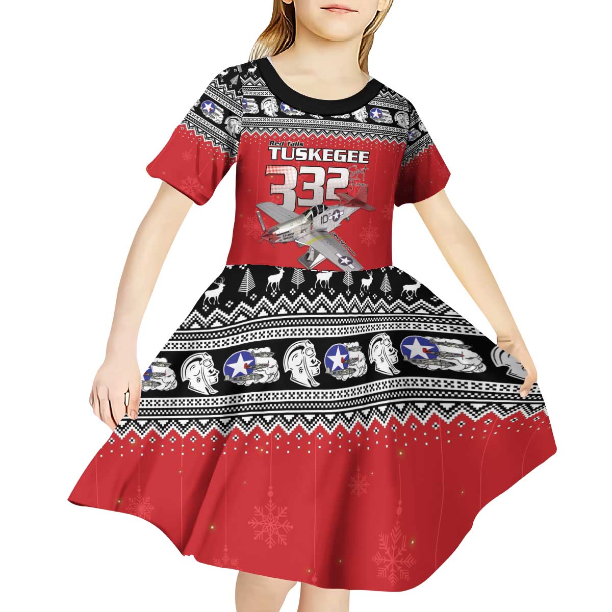Tuskegee Red Tails Airmen Christmas Kid Short Sleeve Dress P-51 Mustang 332nd Fighter Group - Wonder Print Shop
