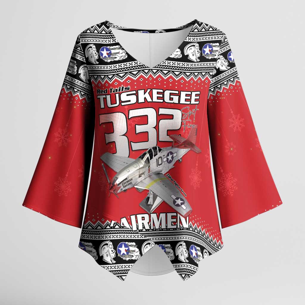 Tuskegee Red Tails Airmen Christmas Kimono Sleeve Blouse P-51 Mustang 332nd Fighter Group - Wonder Print Shop