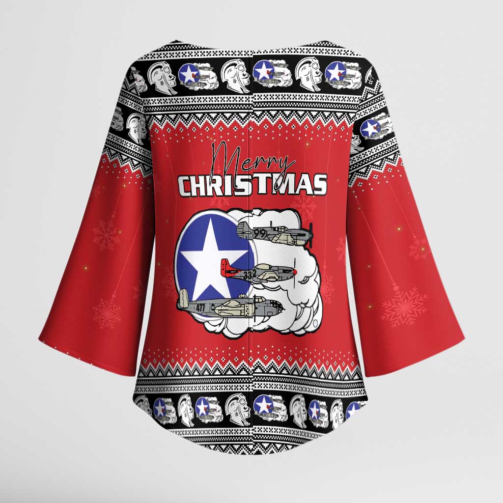 Tuskegee Red Tails Airmen Christmas Kimono Sleeve Blouse P-51 Mustang 332nd Fighter Group - Wonder Print Shop