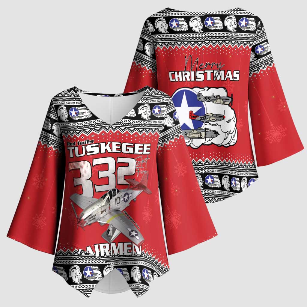 Tuskegee Red Tails Airmen Christmas Kimono Sleeve Blouse P-51 Mustang 332nd Fighter Group - Wonder Print Shop