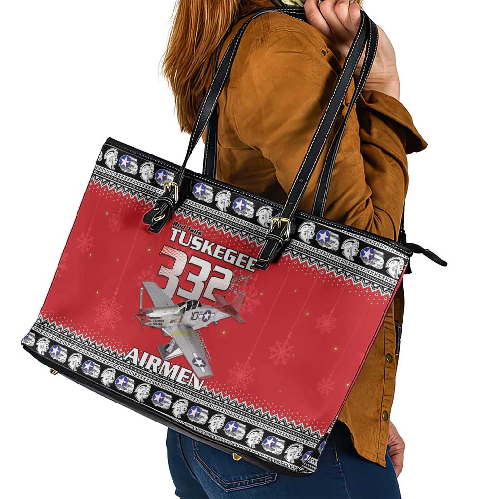 Tuskegee Red Tails Airmen Christmas Leather Tote Bag P-51 Mustang 332nd Fighter Group - Wonder Print Shop