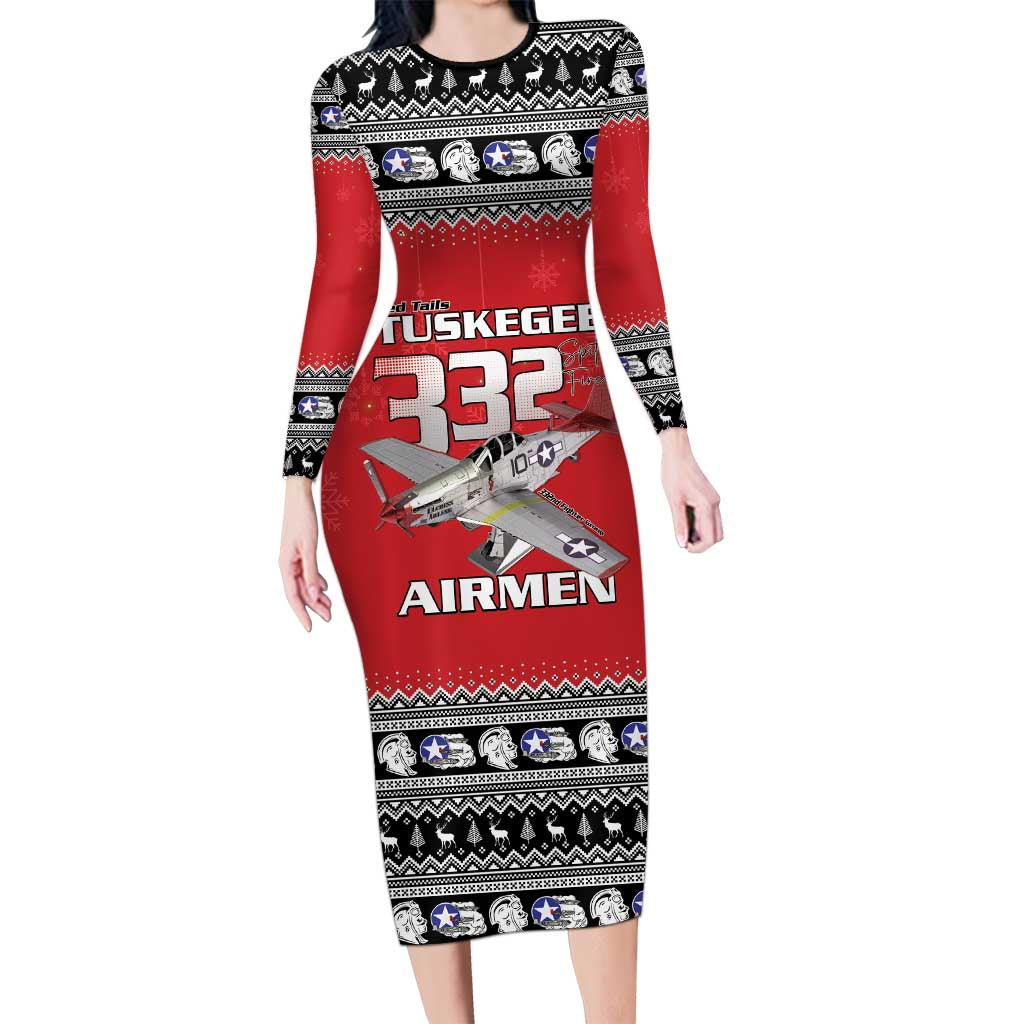 Tuskegee Red Tails Airmen Christmas Long Sleeve Bodycon Dress P-51 Mustang 332nd Fighter Group - Wonder Print Shop