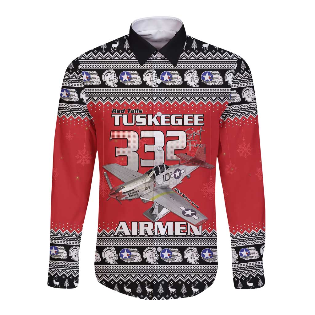 Tuskegee Red Tails Airmen Christmas Long Sleeve Button Shirt P-51 Mustang 332nd Fighter Group - Wonder Print Shop