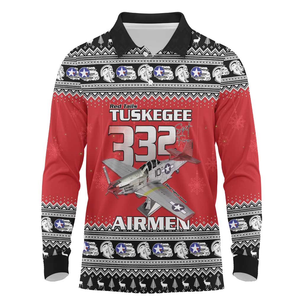 Tuskegee Red Tails Airmen Christmas Long Sleeve Polo Shirt P-51 Mustang 332nd Fighter Group - Wonder Print Shop
