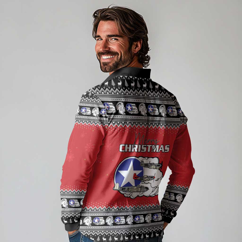 Tuskegee Red Tails Airmen Christmas Long Sleeve Polo Shirt P-51 Mustang 332nd Fighter Group - Wonder Print Shop