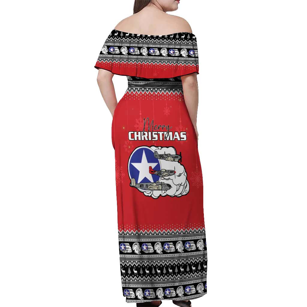 Tuskegee Red Tails Airmen Christmas Off Shoulder Maxi Dress P-51 Mustang 332nd Fighter Group - Wonder Print Shop