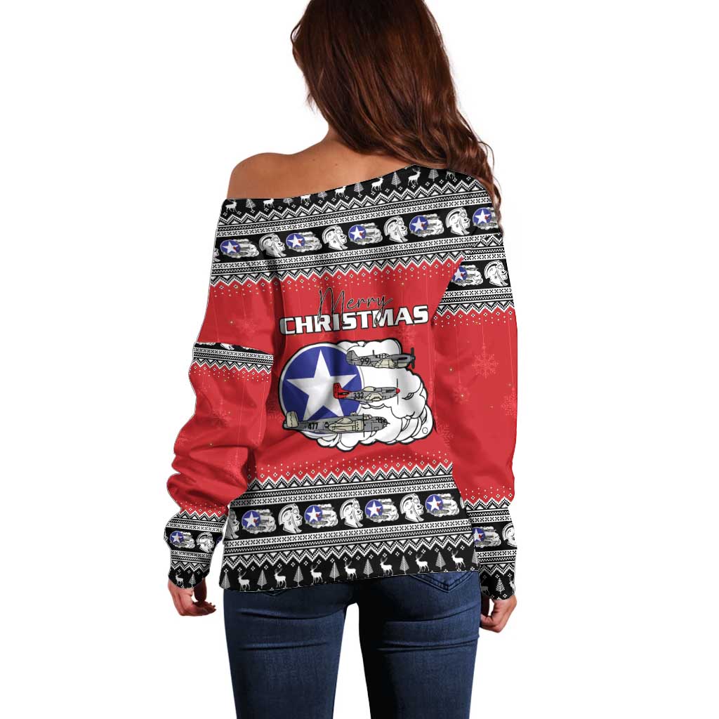 Tuskegee Red Tails Airmen Christmas Off Shoulder Sweater P-51 Mustang 332nd Fighter Group - Wonder Print Shop