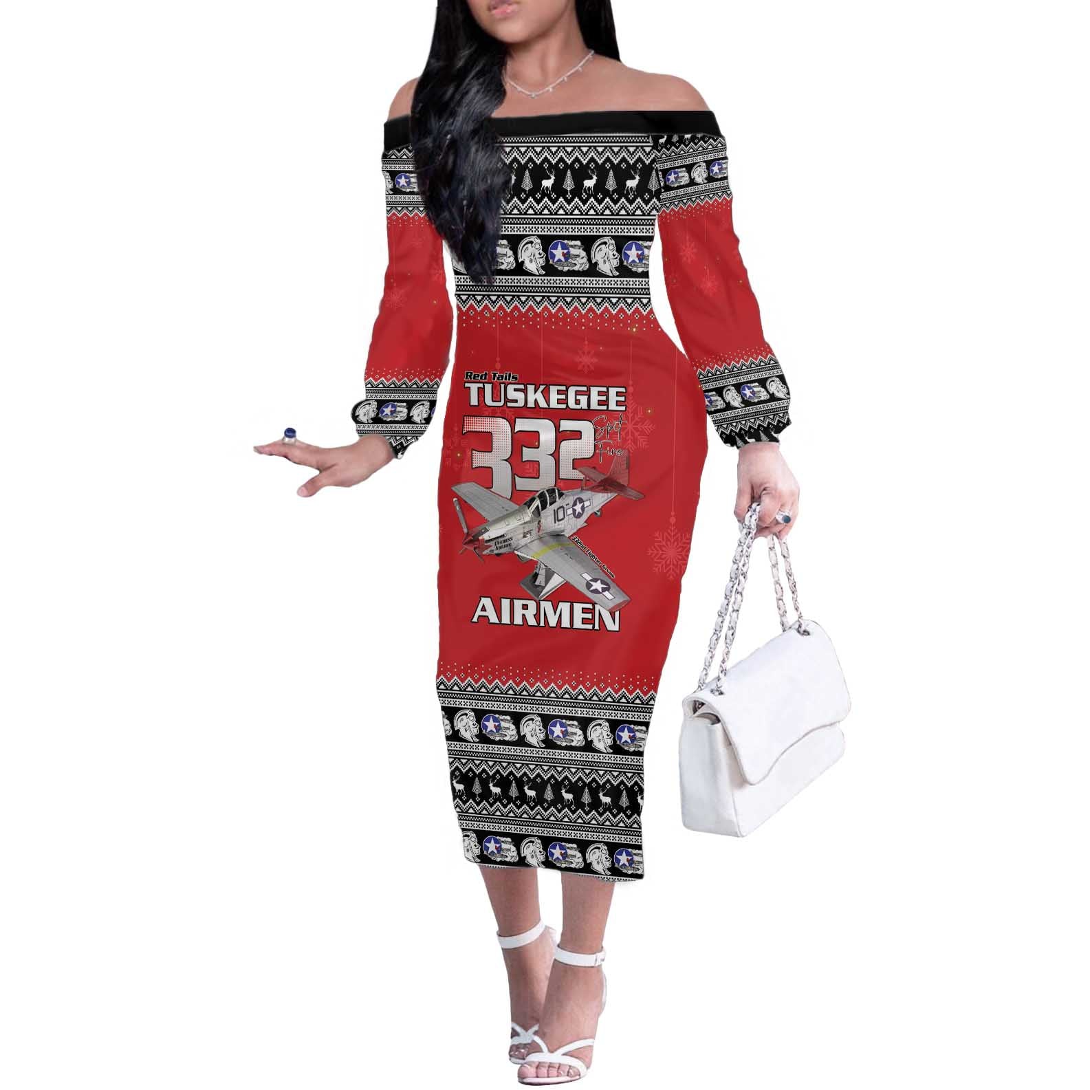 Tuskegee Red Tails Airmen Christmas Off The Shoulder Long Sleeve Dress P-51 Mustang 332nd Fighter Group - Wonder Print Shop