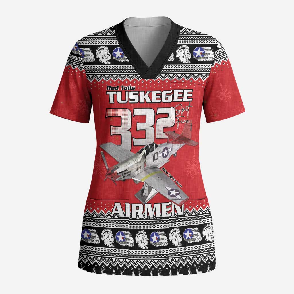 Tuskegee Red Tails Airmen Christmas Scrub Top P-51 Mustang 332nd Fighter Group - Wonder Print Shop