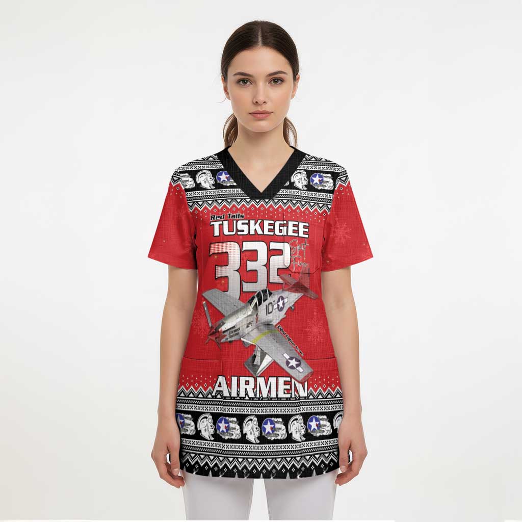Tuskegee Red Tails Airmen Christmas Scrub Top P-51 Mustang 332nd Fighter Group - Wonder Print Shop