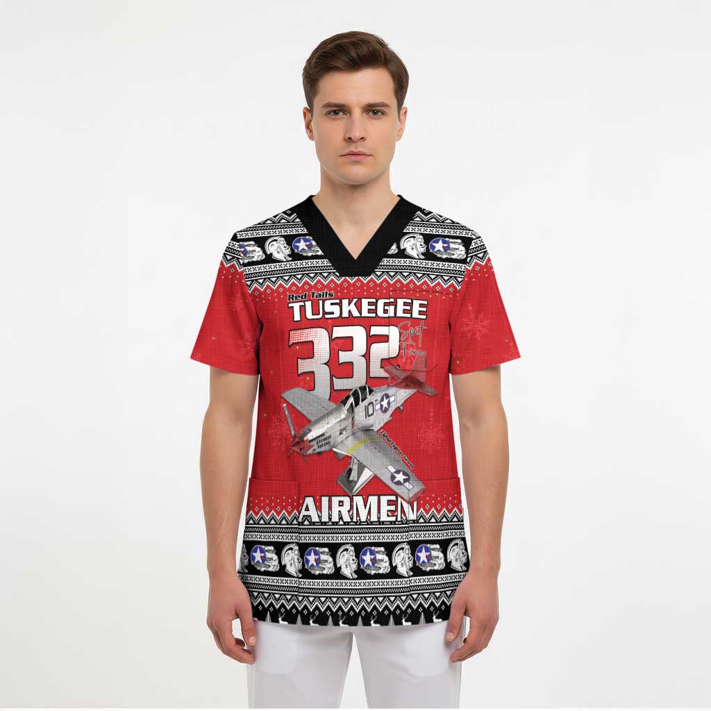 Tuskegee Red Tails Airmen Christmas Scrub Top P-51 Mustang 332nd Fighter Group - Wonder Print Shop
