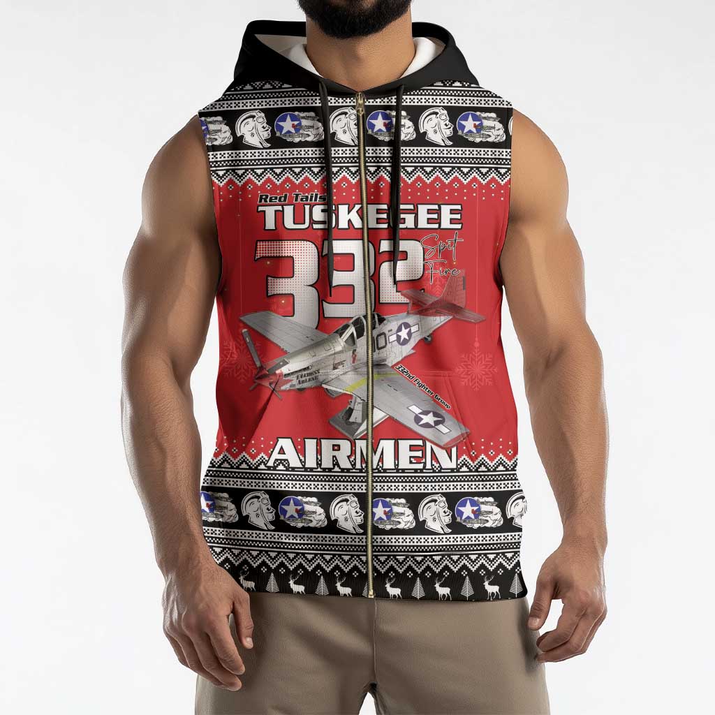Tuskegee Red Tails Airmen Christmas Sleeveless Zip Hoodie P-51 Mustang 332nd Fighter Group - Wonder Print Shop