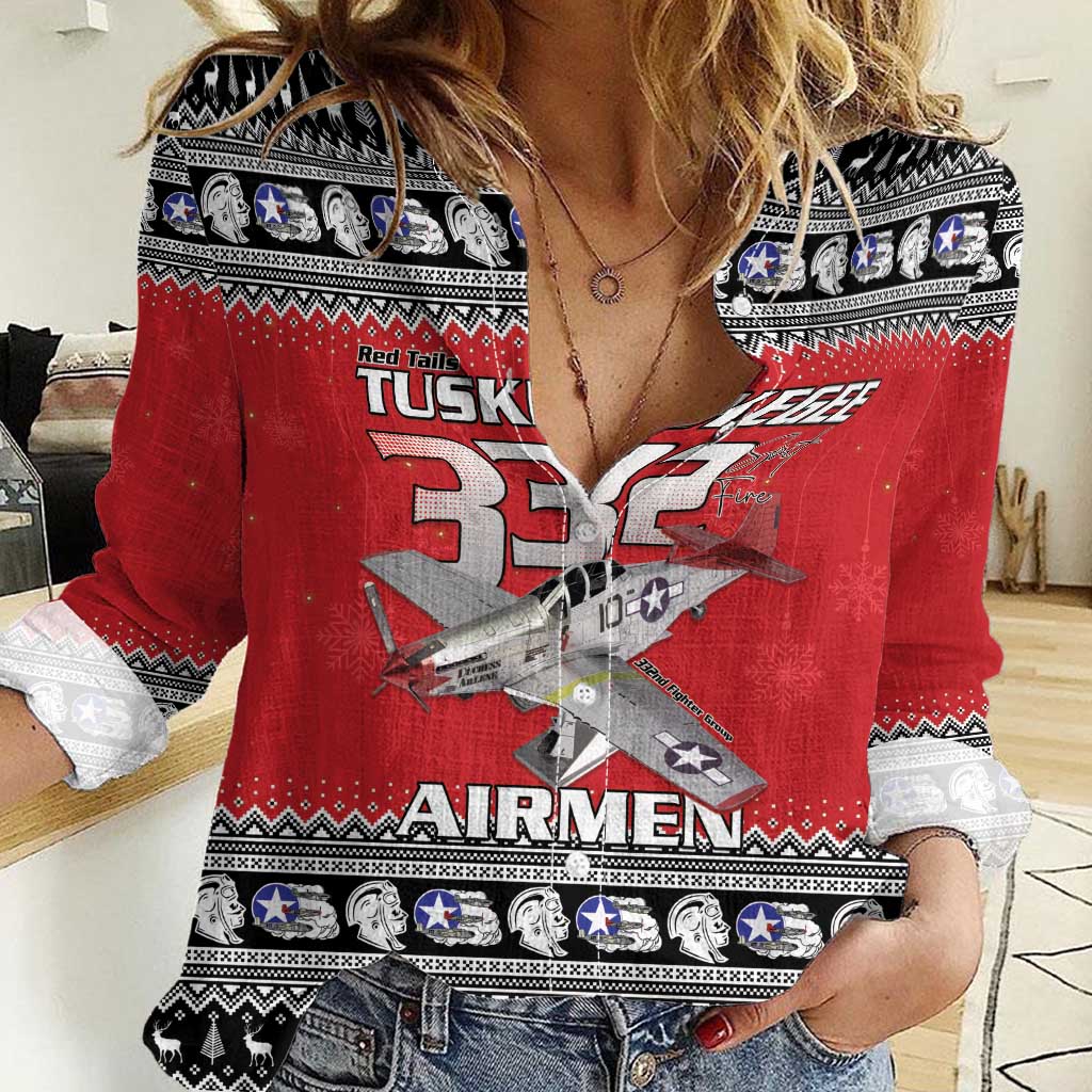 Tuskegee Red Tails Airmen Christmas Women Casual Shirt P-51 Mustang 332nd Fighter Group - Wonder Print Shop