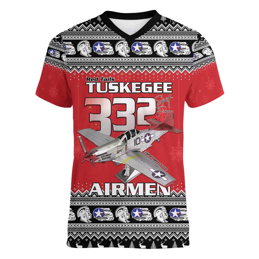 Tuskegee Red Tails Airmen Christmas Women V-Neck T-Shirt P-51 Mustang 332nd Fighter Group - Wonder Print Shop