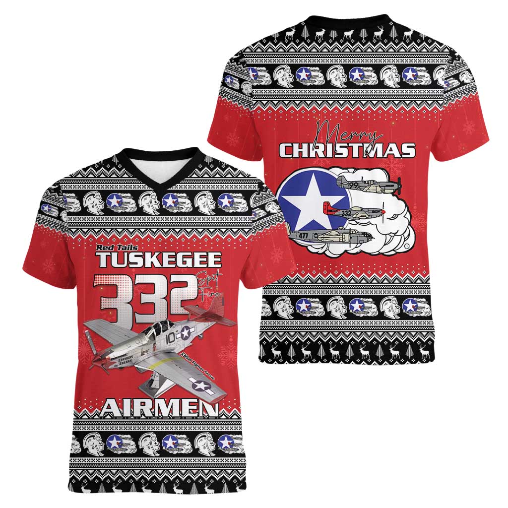 Tuskegee Red Tails Airmen Christmas Women V-Neck T-Shirt P-51 Mustang 332nd Fighter Group - Wonder Print Shop