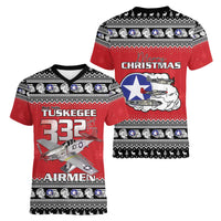 Tuskegee Red Tails Airmen Christmas Women V-Neck T-Shirt P-51 Mustang 332nd Fighter Group - Wonder Print Shop