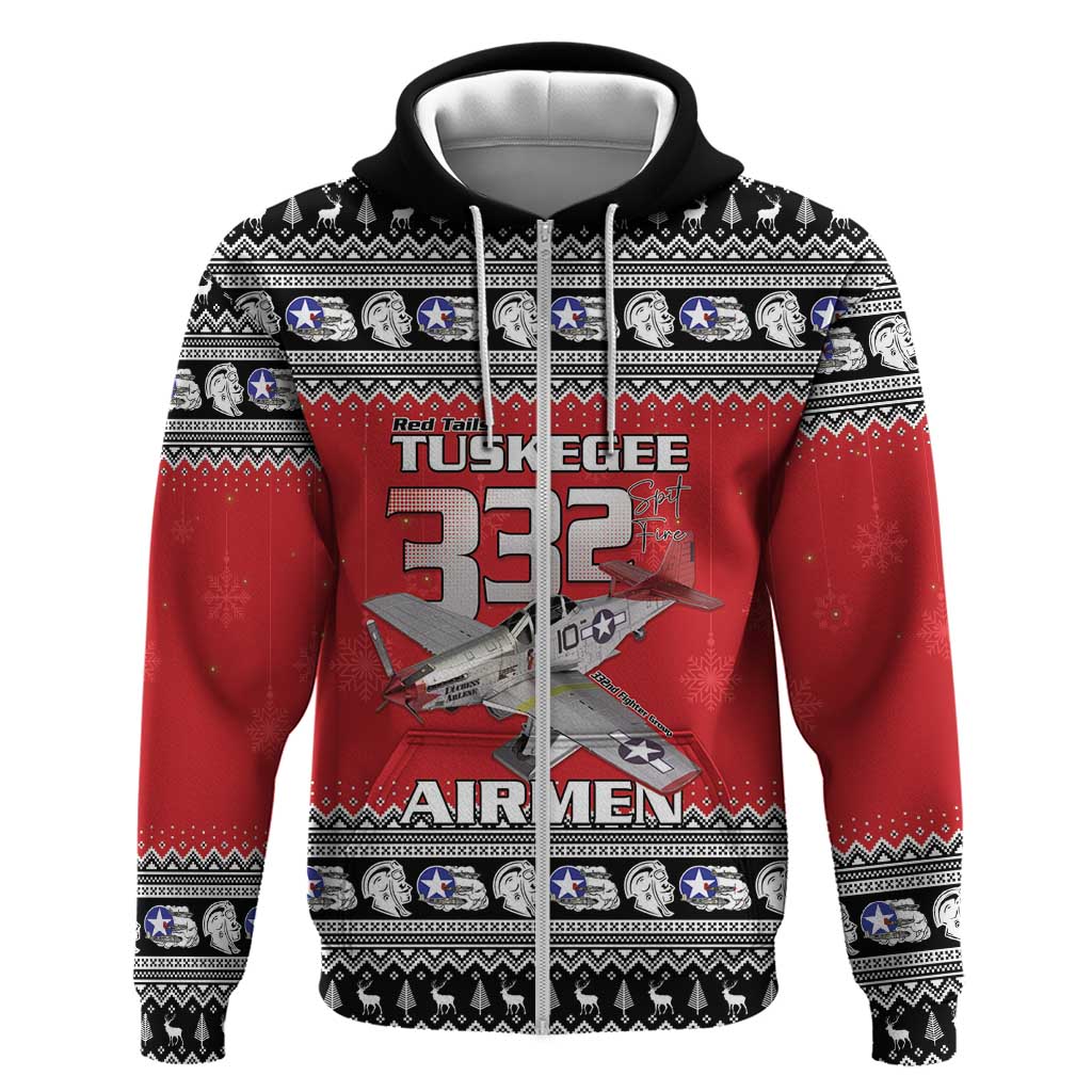 Tuskegee Red Tails Airmen Christmas Zip Hoodie P-51 Mustang 332nd Fighter Group - Wonder Print Shop