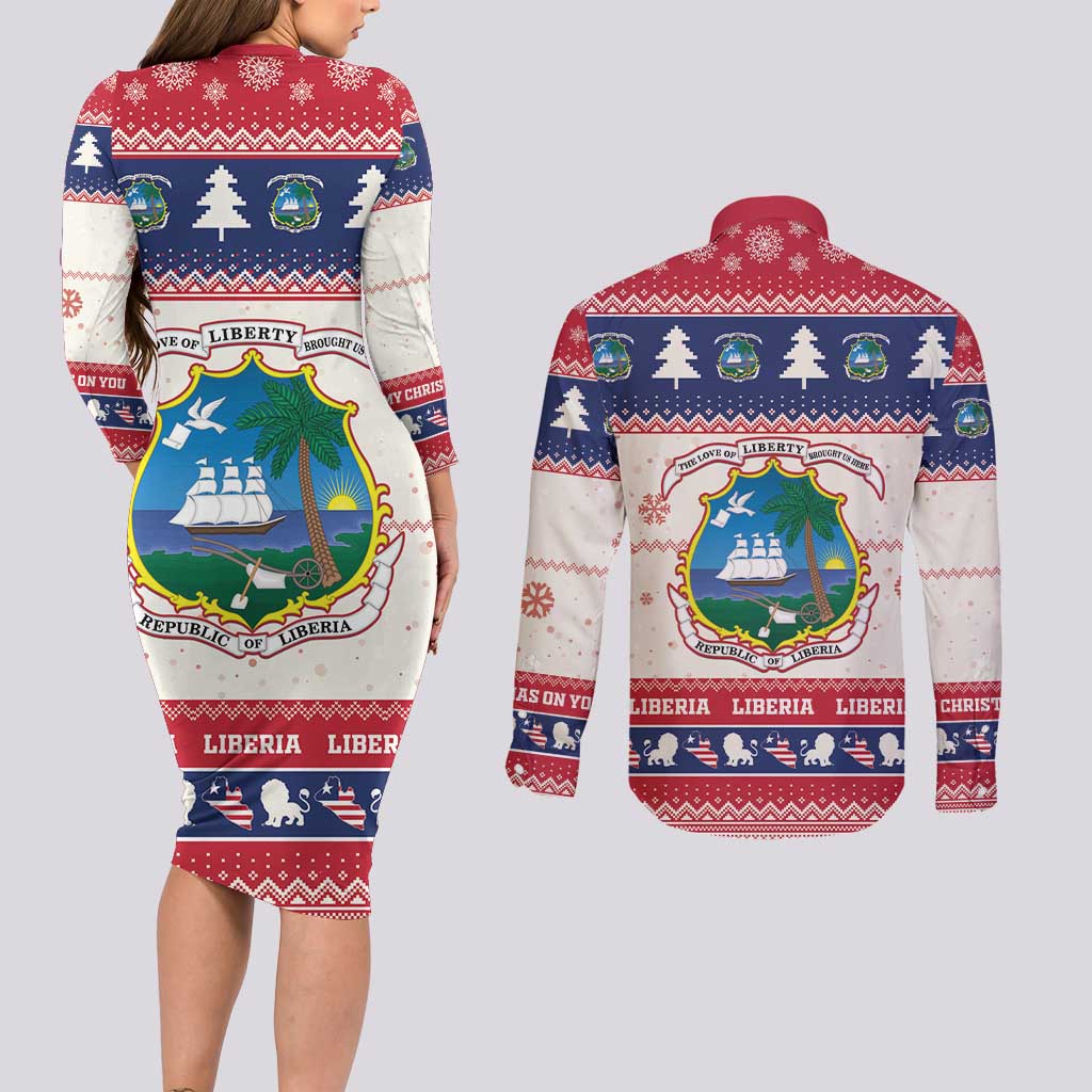 Liberia Christmas Couples Matching Long Sleeve Bodycon Dress and Long Sleeve Button Shirt My Christmas On You - Lion Santa - Wonder Print Shop