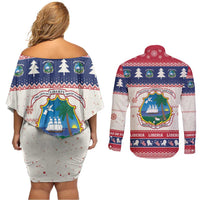 Liberia Christmas Couples Matching Off Shoulder Short Dress and Long Sleeve Button Shirt My Christmas On You - Lion Santa - Wonder Print Shop